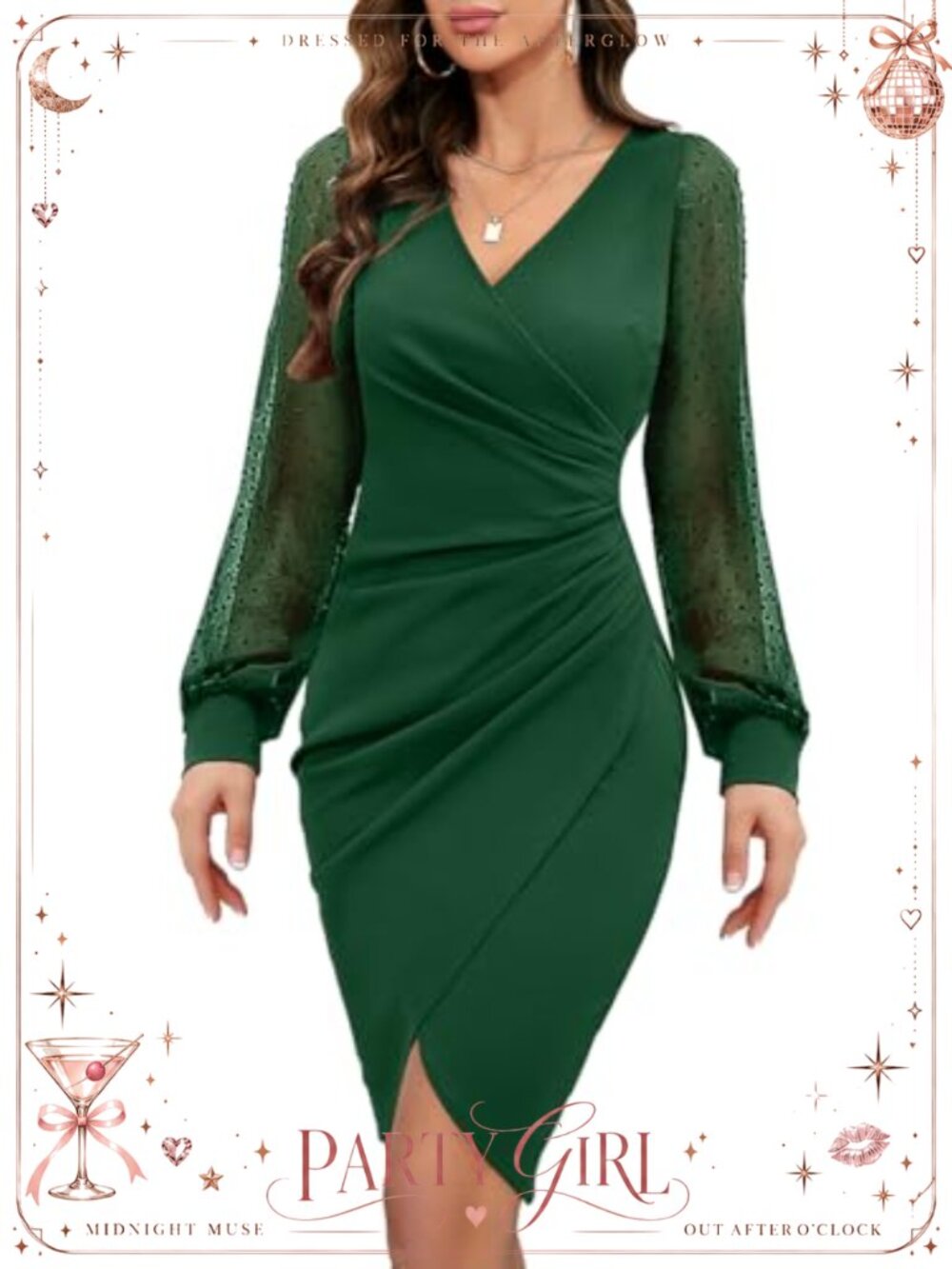 Women's Sexy V Neck Mesh Sheer Long Sleeve Bodycon Cocktail Dress Faux Wrap